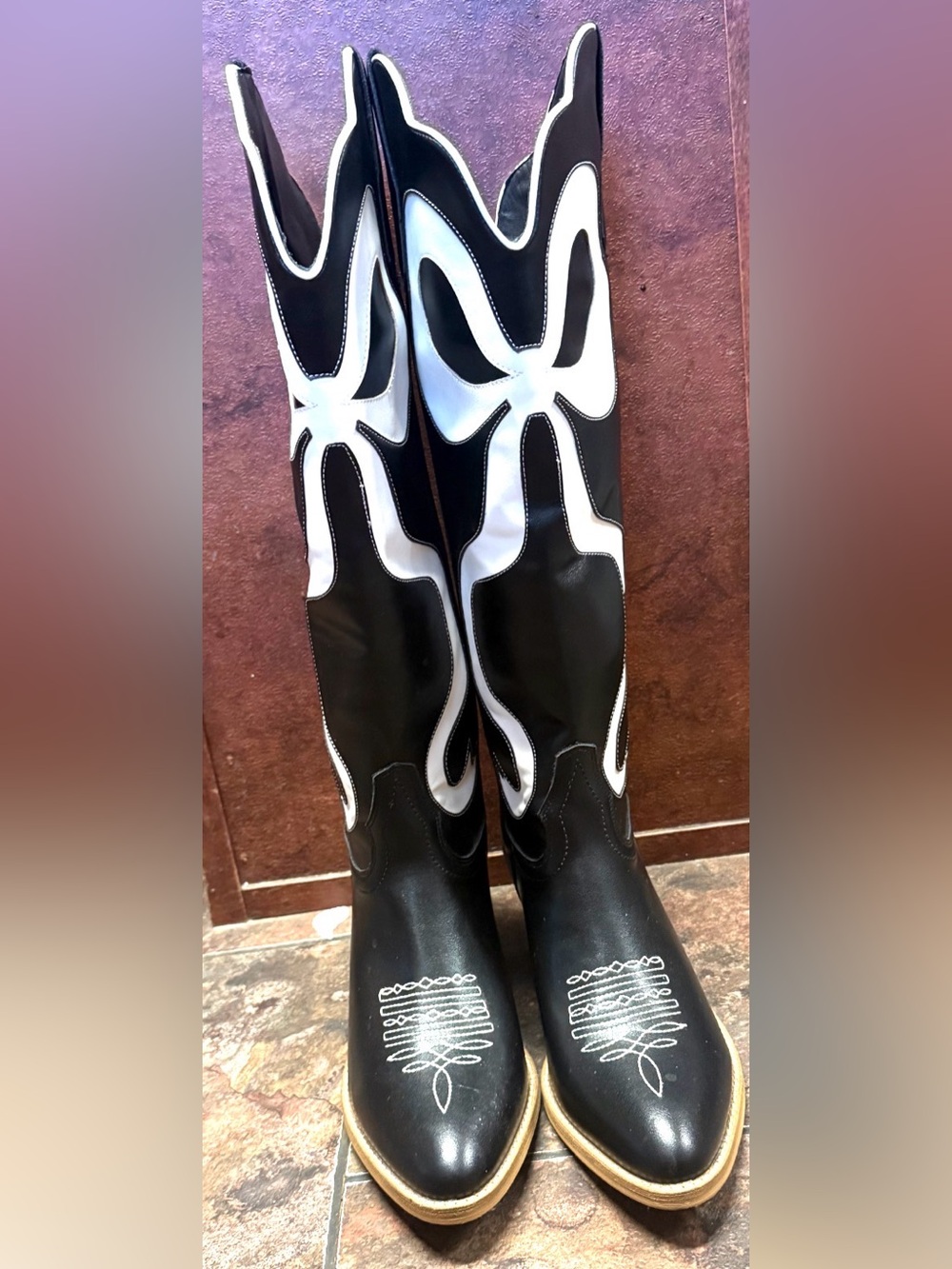 (G10)Black and White Western Knee-High Heeled Boots
